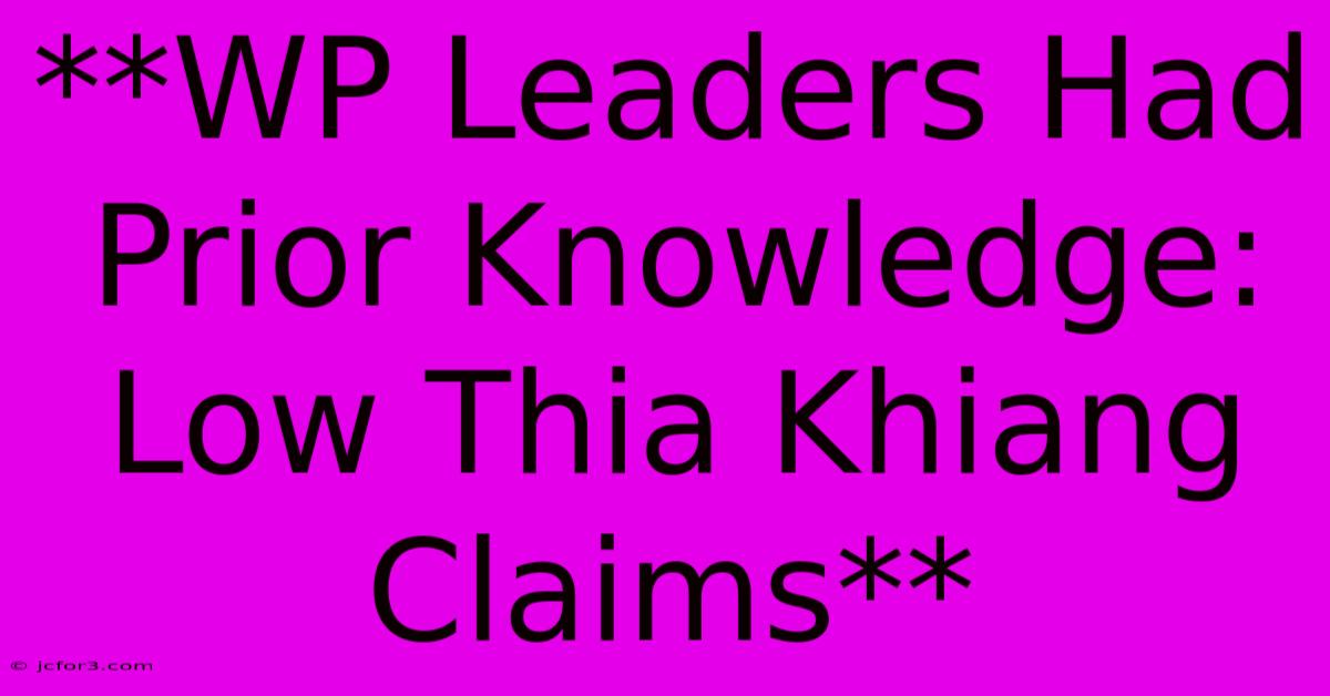 **WP Leaders Had Prior Knowledge: Low Thia Khiang Claims** 